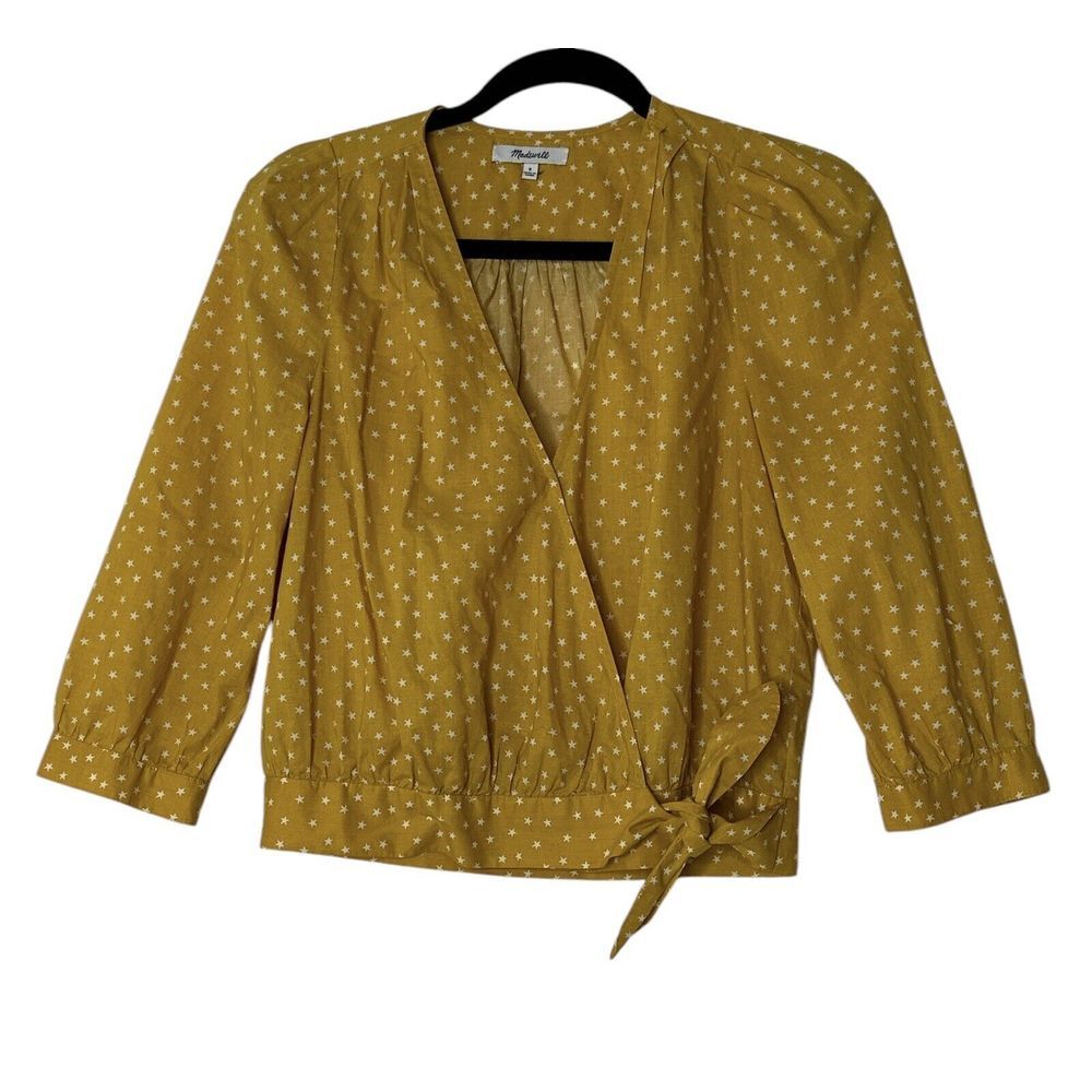 MADEWELL Top Women Small Yellow Tie Waist 3/4 Sleeve Wrap Blouse Star Bright
